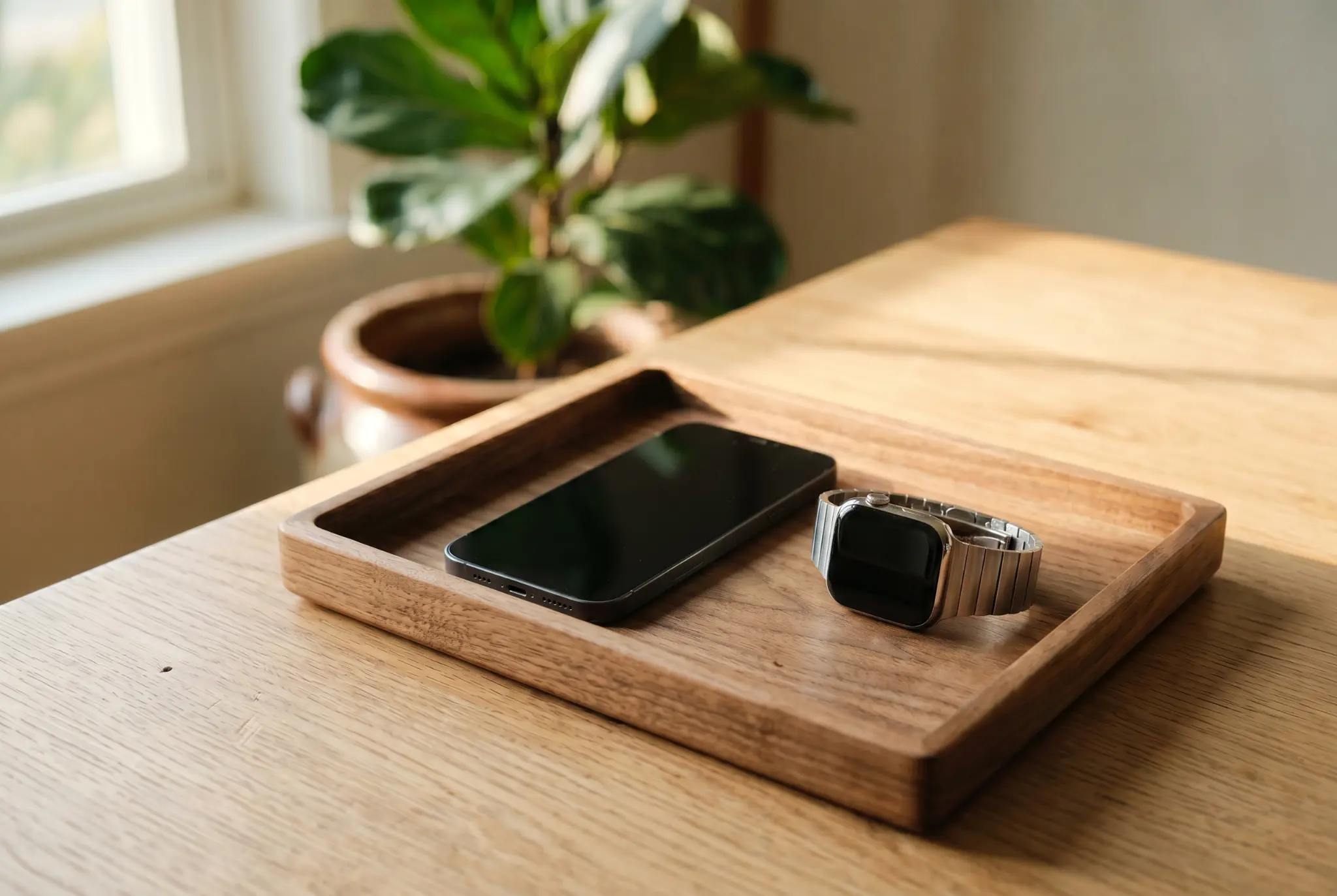 Phone and watch on wooden tray