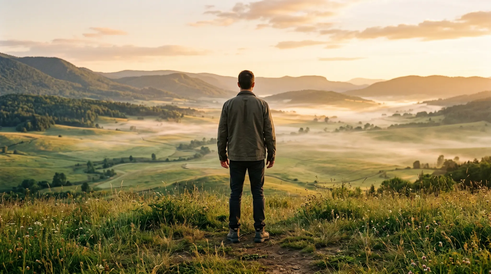 Man standing at the edge of a valley